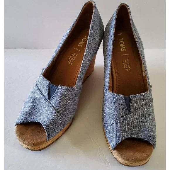 Toms Shoes Toms Womens Peep Toe Cork Wedges Shoes Blue Denim